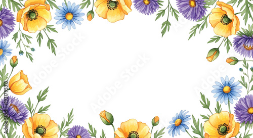 Beautiful Watercolor Floral Frame with Yellow Poppies, Blue Daisies, and Purple Asters on a White Background