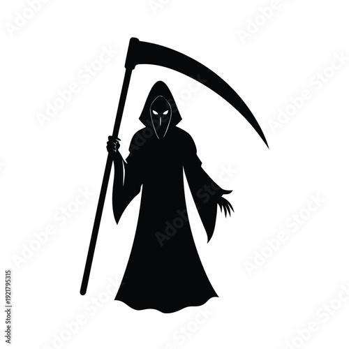 Grim reaper with a scythe and hooded cloak in a ghostly pose black and white silhouette icon