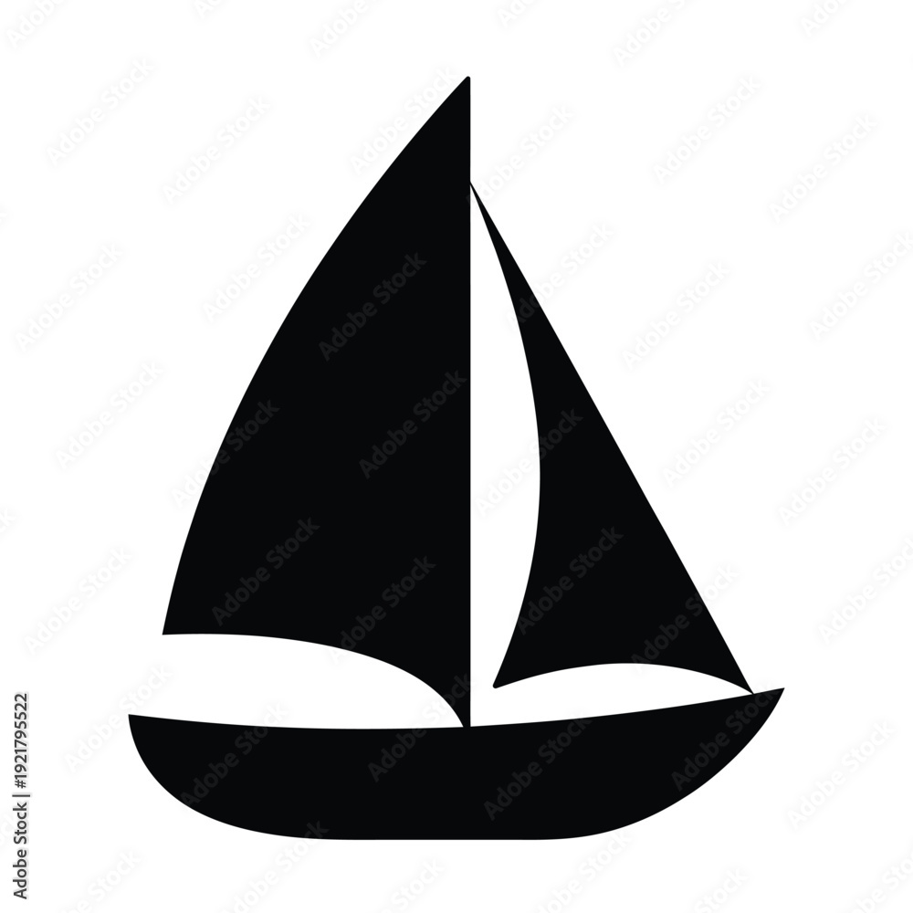 Fototapeta premium Simple black silhouette of a sailboat with two sails, isolated on a white background, representing maritime travel and leisure.