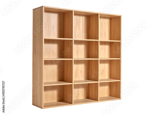 Wooden bookshelf with multiple compartments for storage and display.
