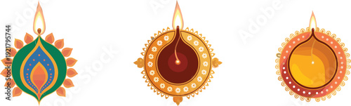 Diwali vector illustration, decorative oil lamps, lit flames, colorful diya designs, floral patterns, festive decor, Hindu celebration, festival of lights, cultural theme, vibrant colors