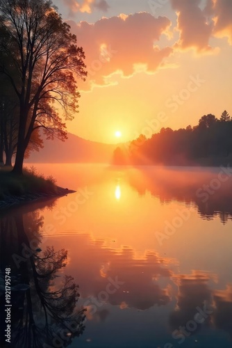 Serene sunrise over a calm waterfront, mist clinging to the water's edge, reflecting the golden light Perfect for travel, nature, or relaxation themes , coast, landscape