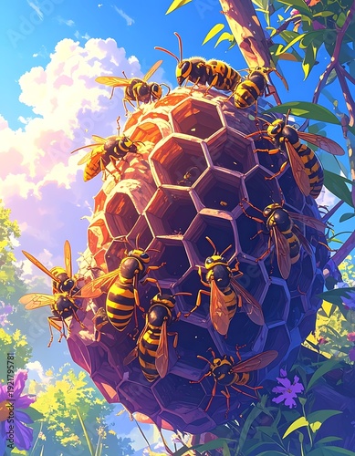 Yellowjackets cluster around a honeycomb nest in a sunny meadow scene, with vibrant colors and stylized art