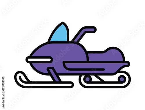 A vibrant purple snowmobile with a light blue windshield, depicted in a simple, clean graphic style, ready for winter adventures.