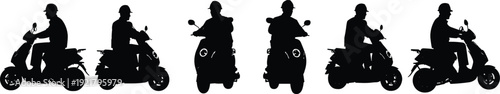Scooter riders, silhouette illustration, helmet safety, urban transport, motorbike design, riding posture, city mobility, personal vehicle, modern lifestyle, transportation concept