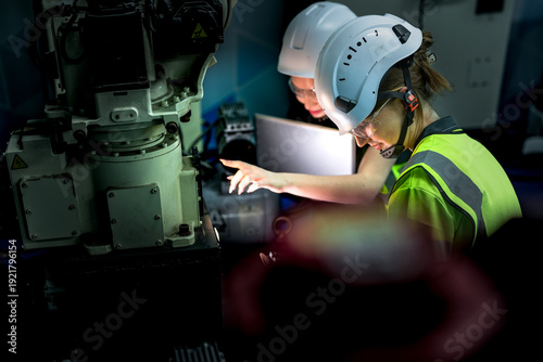 Bilde på lerret Two female engineers wearing hard hats and safety gear collaborate intently over a laptop, programming a large industrial machine on a modern, dimly lit factory floor at night