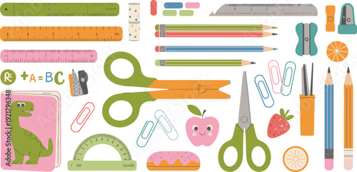 School supplies vector illustration, rulers, pencils, erasers, sharpeners, scissors, paper clips, protractor, notebook, apple, strawberry, donut, stationery items, cartoon style, study material