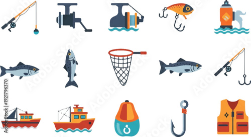 Fishing equipment icons set on white background