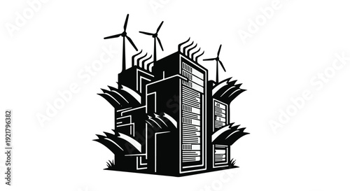 Sustainable cityscape with wind turbines and eco friendly buildings