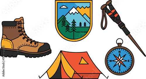 Camping Essentials Colorful Outline Sticker Set  Tent, Backpack, and Hiking Gear