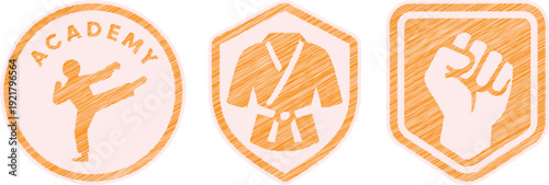Martial Arts Academy Emblems: Kickboxer, Karate Gi, Fist Silhouette, Orange Hues