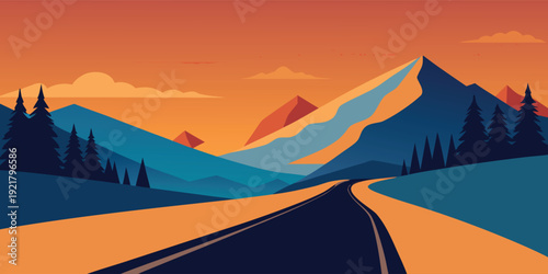 A winding road through a vibrant mountain landscape at sunset