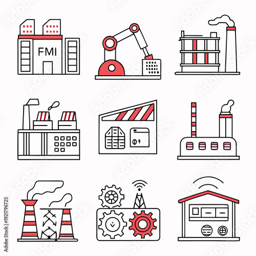 Factory and manufacturing Web Icon Set in Linear Style. Collection of manufacturing line icons, including automation, plants, industrial, production, machine, warehouse and more. Editable stroke