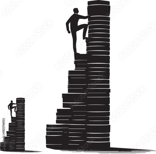 Silhouette person climbing towering money coin stack symbolizing financial growth