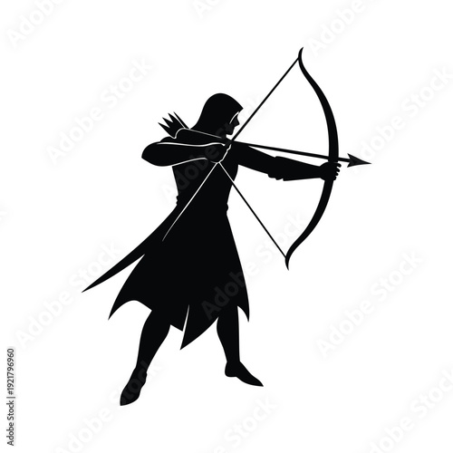 Medieval archer character silhouette aiming bow and arrow in hooded cloak for fantasy game design
