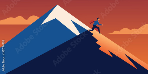 A person in a blue jacket and red pants is running on the edge of a cliff.