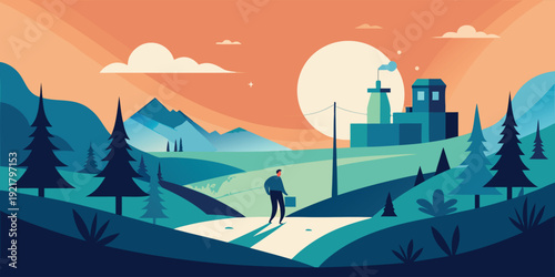 A lone skier enjoys the serene beauty of a snowy mountain landscape at sunset