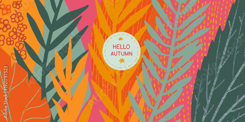 Colorful autumn botanical illustration with a hello autumn message
