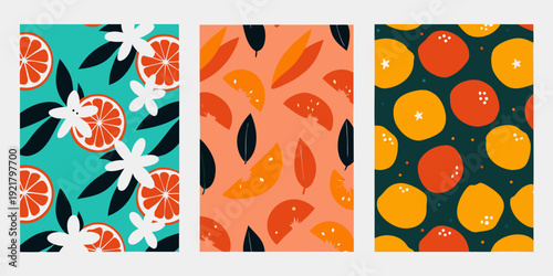 Three vibrant panels displaying citrus fruit and floral patterns