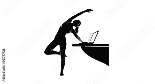 woman working remotely in yoga pose with laptop