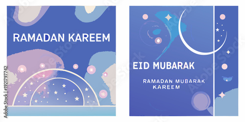 Ramadan and Eid Mubarak greetings with crescent moons and starry skies