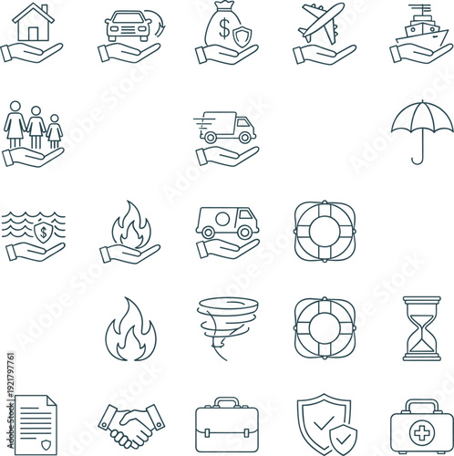 Comprehensive Insurance Line Icons Set with Home Auto Health Travel Business and Disaster Protection Symbols Vector