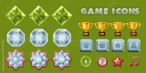 Collection of colorful game icons including gems trophies and power ups