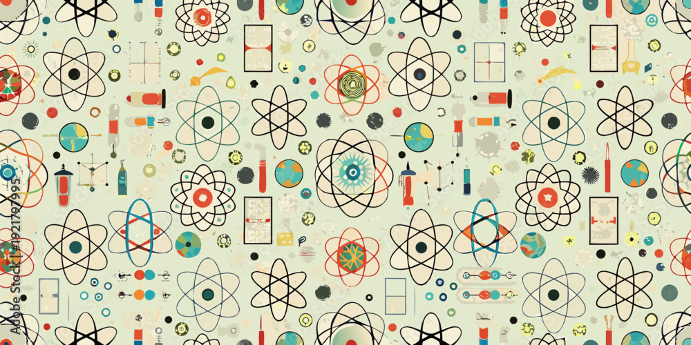 Φωτογραφία Seamless pattern featuring atomic structures and vintage scientific tools