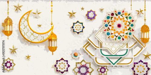 Golden crescent moon and ornate lanterns celebrate a religious holiday