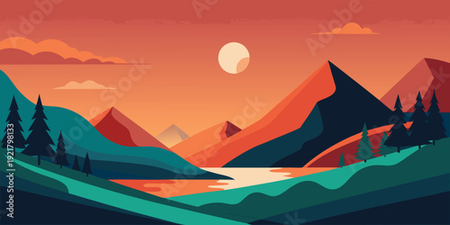 A serene landscape with a full moon rising over a tranquil lake surrounded by mountains