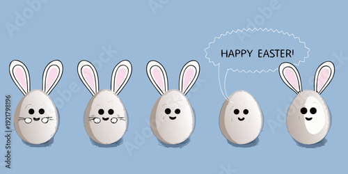A row of egg shaped bunnies delivers a happy easter message