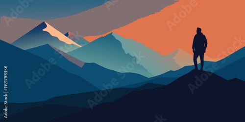 A lone figure stands atop a mountain peak at sunset, overlooking a vast, rugged landscape
