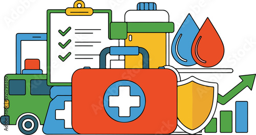 Emergency First Aid Kit & Medical Supplies Colorful Outline Icon Set