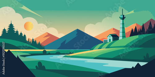A serene landscape with a lighthouse overlooking a river and mountains under a colorful sky