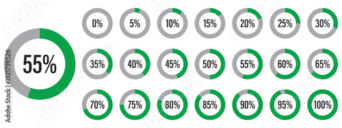 Pie charts diagram set. Progress bars. Round graph loading progress set. Template of orange and red color fill pie charts indicator. Circle diagrams icons for infographics from 0 to 100 percent