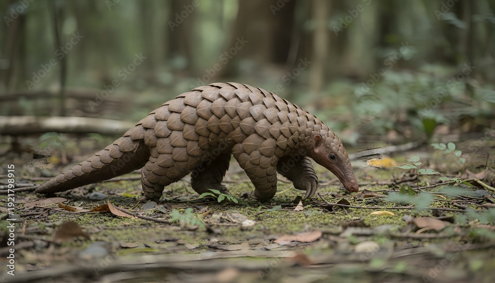 Obraz premium Pangolin foraging in a forest, endangered animal in its natural habitat