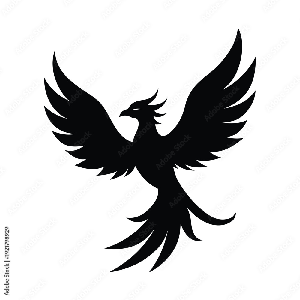 Obraz premium Black silhouette of phoenix bird with wings spread, mythical fiery creature, symbol of rebirth and immortality
