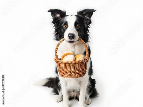 Easter basket fun with a cute border collie holding a woven easter egg basket
