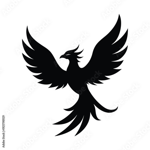 Tableau sur toile Black silhouette of phoenix bird with wings spread, mythical fiery creature, sym