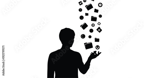 man thinking of business ideas and social media icons