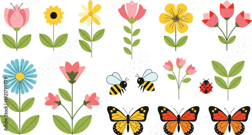 Stylized floral collection with flat flowers butterflies bees and ladybug for spring patterns