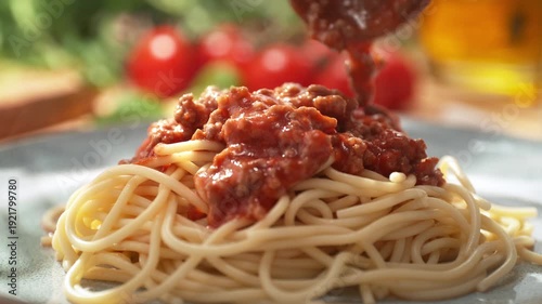 Pouring Tomato Sauce with Ground Beef onto the Pasta Dish - Spaghetti Bolognese Served on a Bright Plate, Dolly out, Slow Motion