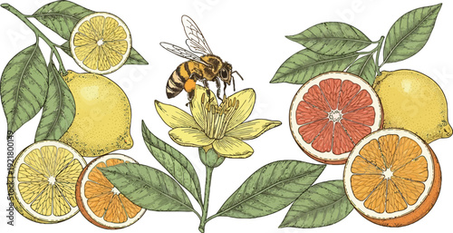 Lemon and citrus fruits with bee on a flower, hand drawn vector illustration set