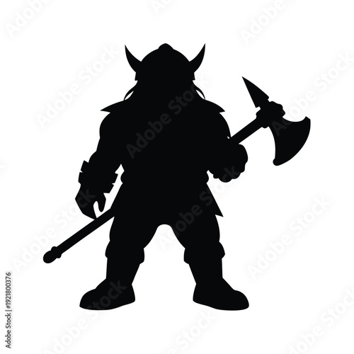 Dwarf warrior character with horned helmet and axe vector illustration, fantasy fighter