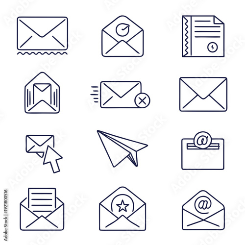 Email Web Icon Set in Line Style. Collection of E-mail and Letter Linear Icons, Including mail, envelope, email, postal, letter sent, inbox, new mail, reply and forward mail and more. Editable Stroke