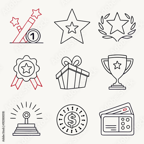 Benefit set of web icons in line style. Exclusive benefits linear icon collection. Containing reward, bonus, loyalty, star, winner, award, prize, incentive, reward and more. Editable stroke