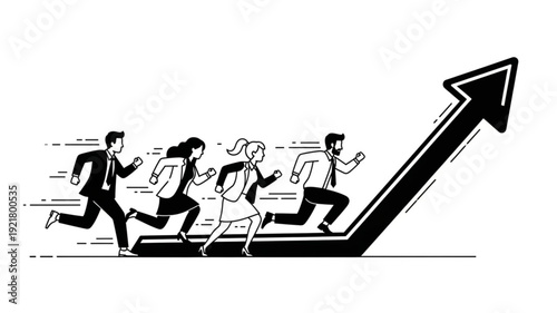 Business people running up an upward trending arrow graph.