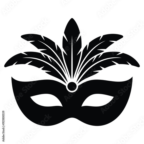 Black Venetian masquerade ball carnival party mask with feathers on transparent background