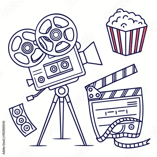 Cinema set of web icons in line style. Movie and Film linear icon collection. Containing video, movie theater, 3d, vr, popcorn, ticket, director, soundtrack and more. Editable stroke