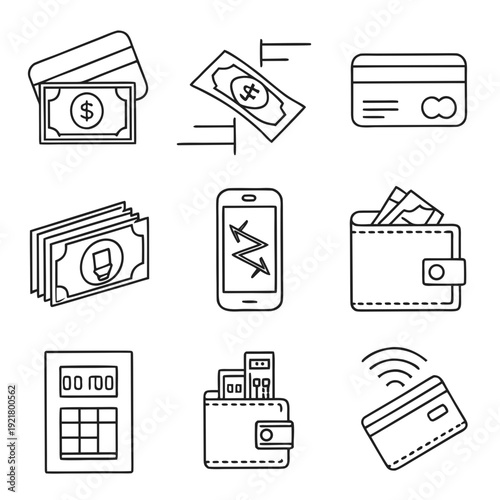 Online payment set of web icons in line style. Payment linear icon collection. Containing cashless wallet, e-wallet, money transfer, banking, credit card, cash, transaction more. Editable stroke